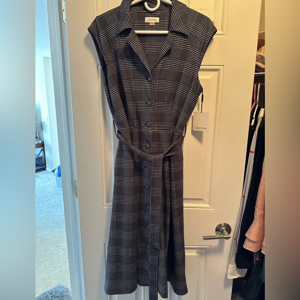 Calvin Klein Black White Plaid Button-Front Belted Dress Retro Pockets Size 10
